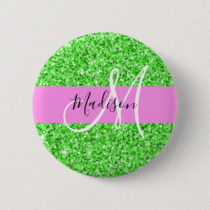 Chapa Redonda De 5 Cm Glam Pink y Verde Brillo Chispas Monograma Nombre