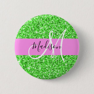 Chapa Redonda De 5 Cm Glam Pink y Verde Brillo Chispas Monograma Nombre