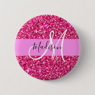 Chapa Redonda De 5 Cm Glamour Rosa Caliente Brillante Purpurina Monogram