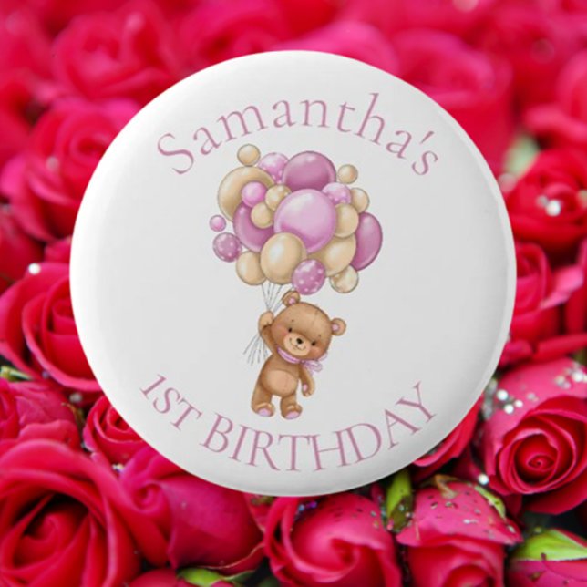 Chapa Redonda De 5 Cm Globos de Oso de Teddy Pink 1er cumpleaños (Celebrate your favorite bear's birthday in style! )