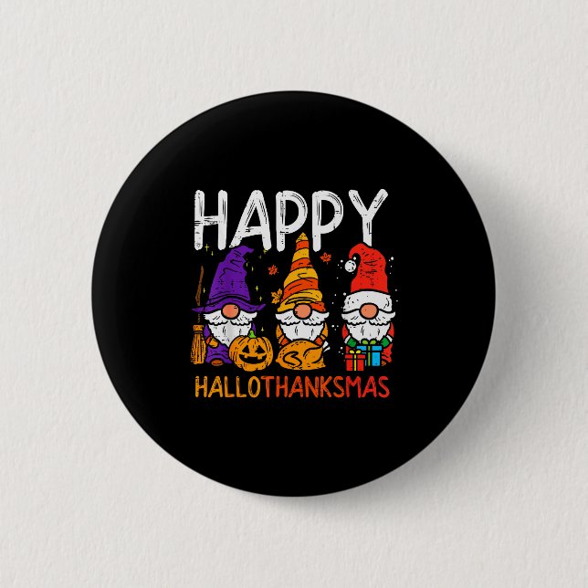 Chapa Redonda De 5 Cm Gnomes Happy Hallothanksmas Halloween Thanksgiving (Anverso)