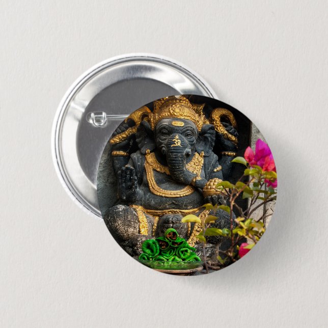 Chapa Redonda De 5 Cm Golden Ganesha & Balinese Offerings Badge (Anverso y reverso)