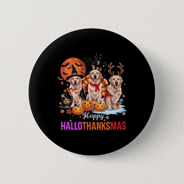 Chapa Redonda De 5 Cm Golden Retriever Happy Hallothanksmas Halloween (Anverso)