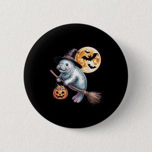 Chapa Redonda De 5 Cm Gorra de Brujas Manatee Riding Broomstick Hallowee