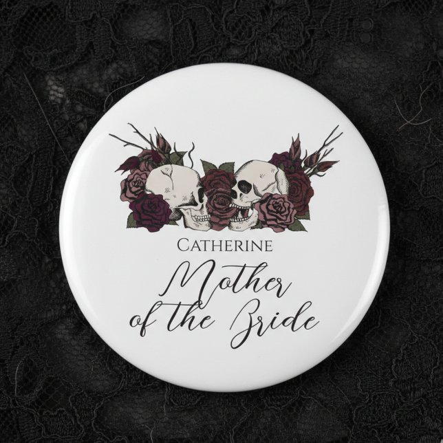 Chapa Redonda De 5 Cm Gothic Skull & Rose Wedding Party (Elegant Gothic Wedding Buttons for Mother of the Bride or Bridesmaid. Gothic Wedding Party Buttons)