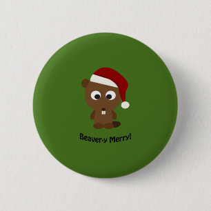 Chapa Redonda De 5 Cm ¡Gracioso Beaver-y Merry! Santa Beaver