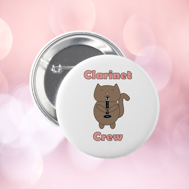 Chapa Redonda De 5 Cm Gracioso gato rosa de la tripulación del Clarinet  (A pin back button with a cat playing the clarinet and the words clarinet crew in pink)