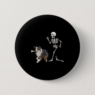 Chapa Redonda De 5 Cm Gracioso Pastor Australiano De Halloween Y Skeleto