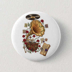 Chapa Redonda De 5 Cm Gramófono vintage steampunk con diseño de rosas