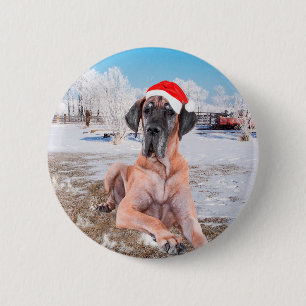Chapa Redonda De 5 Cm Gran Perro De Azulejos Sentado En Gorra De Navidad