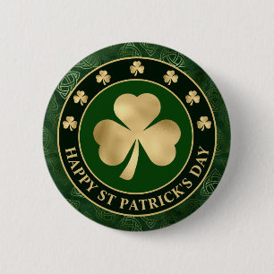 Chapa Redonda De 5 Cm Green and Gold Shamrock Clover St Patrick's Day