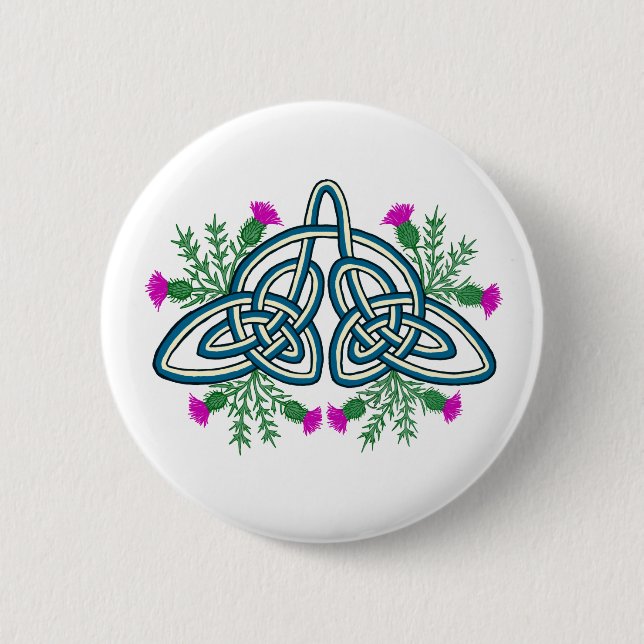 Chapa Redonda De 5 Cm Green Celtic Knot with Purple Scottish Thistles (Anverso)