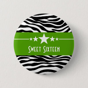 Chapa Redonda De 5 Cm Green Stars Zebra Print Sweet 16 Button