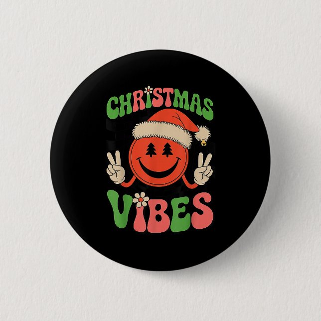 Chapa Redonda De 5 Cm Groovy Christmas Vibes Smile Face Santa Hat Xmas T (Anverso)