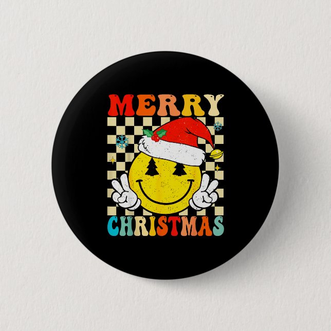 Chapa Redonda De 5 Cm Groovy Merry Christmas Smile Face Santa Hat Xmas T (Anverso)