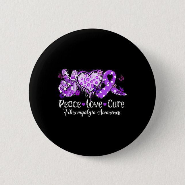 Chapa Redonda De 5 Cm Groovy Peace Love Cure Purple Ribbon Fibromialgia (Anverso)