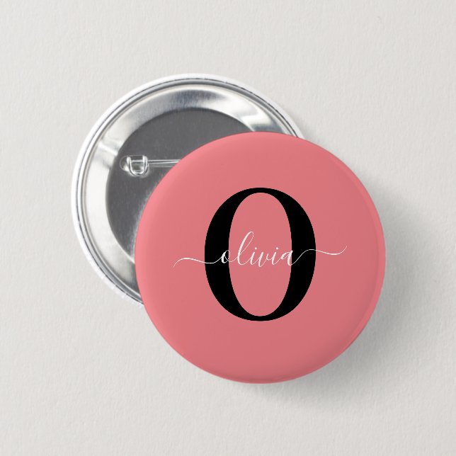 Chapa Redonda De 5 Cm Guion de nombre con monograma personalizado negro  (Anverso y reverso)