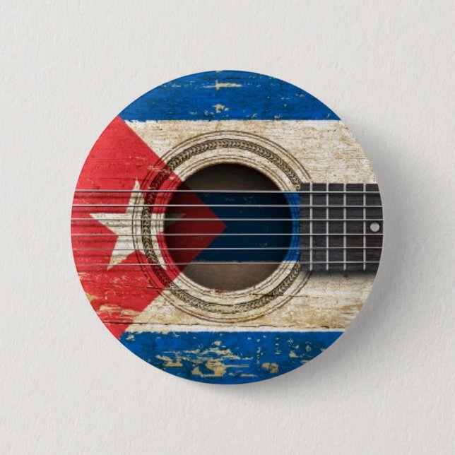 Chapa Redonda De 5 Cm Guitarra acústica vieja con la bandera cubana (Anverso)