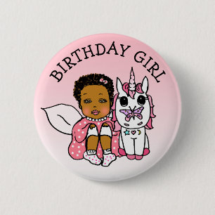 Chapa Redonda De 5 Cm Hada unicornio Afroamericana Coral Cumpleaños niña