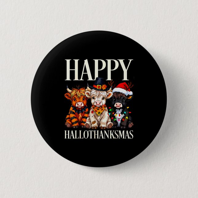 Chapa Redonda De 5 Cm Hallothanksmas Highland Cow Halloween Thanksgiving (Anverso)