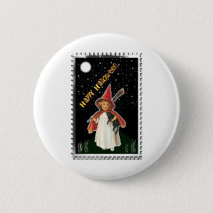 Chapa Redonda De 5 Cm Halloween - Niña con Escoba y Gato Negro