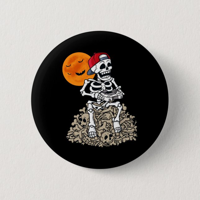 Chapa Redonda De 5 Cm Halloween Skeleton Gamer Niños Jóvenes Jugando 1 (Anverso)