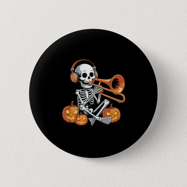 Chapa Redonda De 5 Cm Halloween Skeleton Trombone Trombonist  (Anverso)