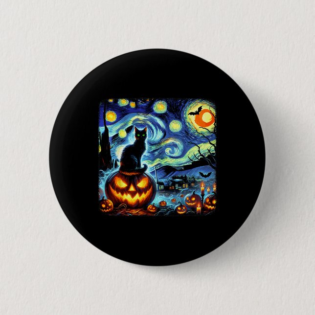 Chapa Redonda De 5 Cm Halloween Van Gogh Starry Night Black Cat Pumpkins (Anverso)