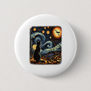 Chapa Redonda De 5 Cm Halloween Van Gogh Starry Night Black Cat Pumpkins