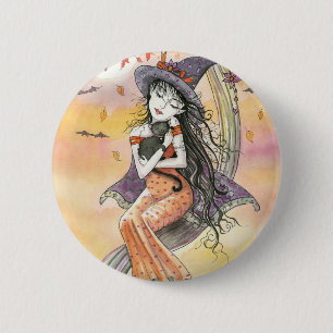 Chapa Redonda De 5 Cm Halloween Witch Black Cat Button Pin