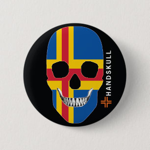 Chapa Redonda De 5 Cm HANDSKULL Åland, cráneo feliz, bandera de Åland