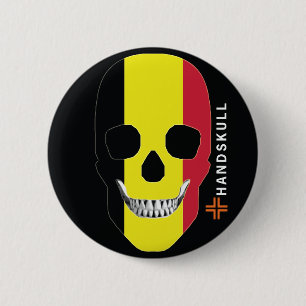 Chapa Redonda De 5 Cm HANDSKULL Bélgica,Cráneo feliz,Bandera belga