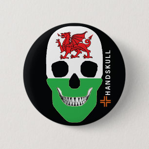 Chapa Redonda De 5 Cm HANDSKULL Gales, cráneo feliz, bandera de Gales