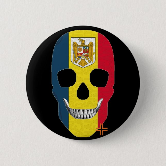 Chapa Redonda De 5 Cm HANDSKULL Rumanía Bandera redonda B2 negro (Anverso)