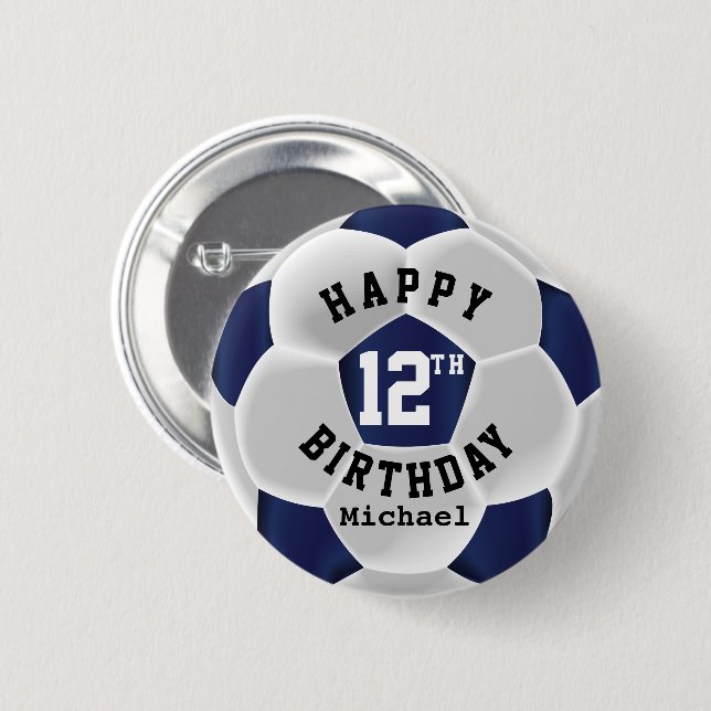 Chapa Redonda De 5 Cm Happy 00th Birthday - Dark Blue Soccer Ball (Anverso y reverso)