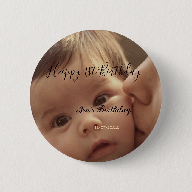 Chapa Redonda De 5 Cm Happy 1st birthday name photo date stylish calligr (Anverso)