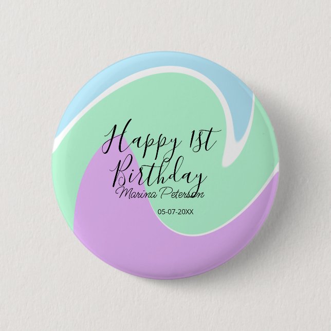 Chapa Redonda De 5 Cm Happy 1st birthday pink green blue acrylic pour  (Anverso)