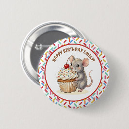 Chapa Redonda De 5 Cm Happy Birthday Personalized Mouse & Cupcake Photo