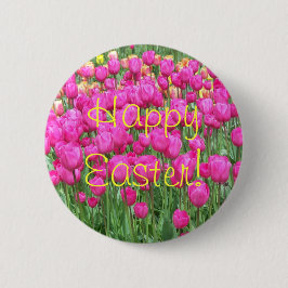 Chapa Redonda De 5 Cm Happy Easter Pink Tulip Garden Floral
