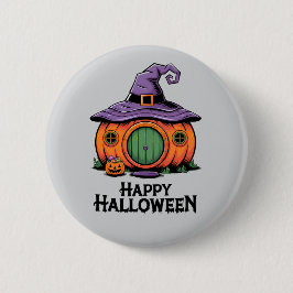 Chapa Redonda De 5 Cm Happy Halloween Pumpkin Cottage & Witch Hat Roof