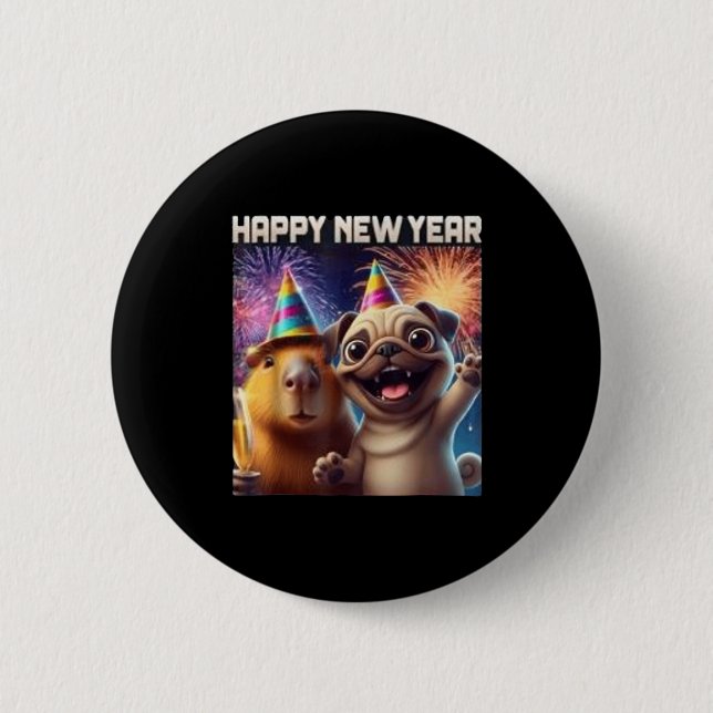 Chapa Redonda De 5 Cm Happy New Year 2026 Capybara Pug Party Art  (Anverso)