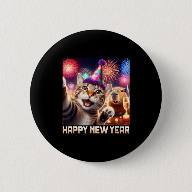 Chapa Redonda De 5 Cm Happy New Year 2026 Cute Cat Capybara Party Art  (Anverso)