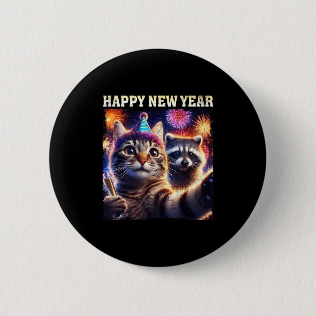 Chapa Redonda De 5 Cm Happy New Year 2026 Cute Cat Raccoon Celebration  (Anverso)