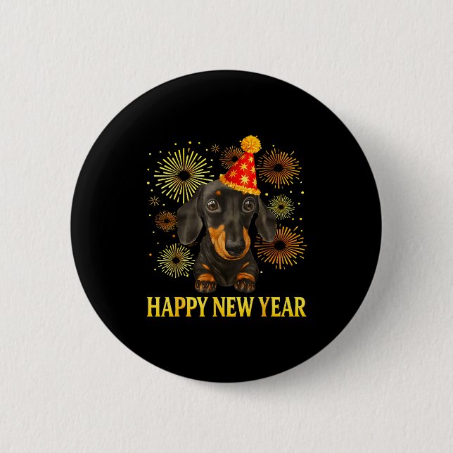 Chapa Redonda De 5 Cm Happy New Year 2026 Dachshund Fireworks New Years  (Anverso)