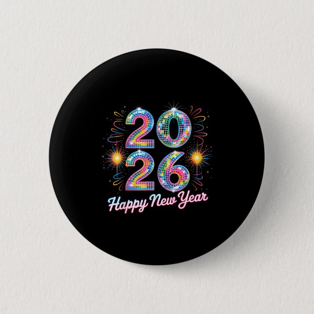 Chapa Redonda De 5 Cm Happy New Year 2026 Disco Ball Retro Family Matchi (Anverso)