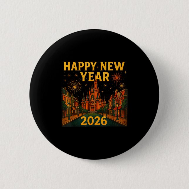 Chapa Redonda De 5 Cm Happy New Year 2026 Fantasy Castle Fireworks Night (Anverso)
