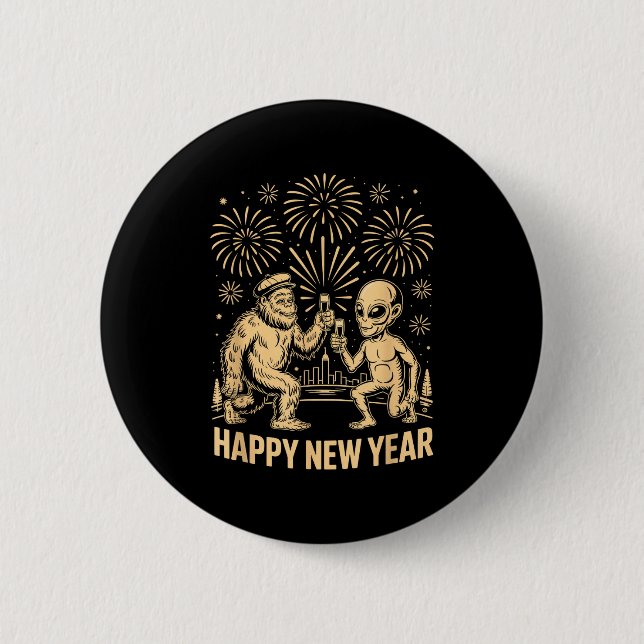 Chapa Redonda De 5 Cm Happy New Year 2026 Funny Bigfoot And Alien Lovers (Anverso)