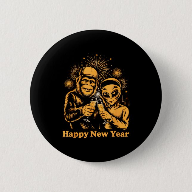 Chapa Redonda De 5 Cm Happy New Year Bigfoot And Alien Sasquatch Firewor (Anverso)