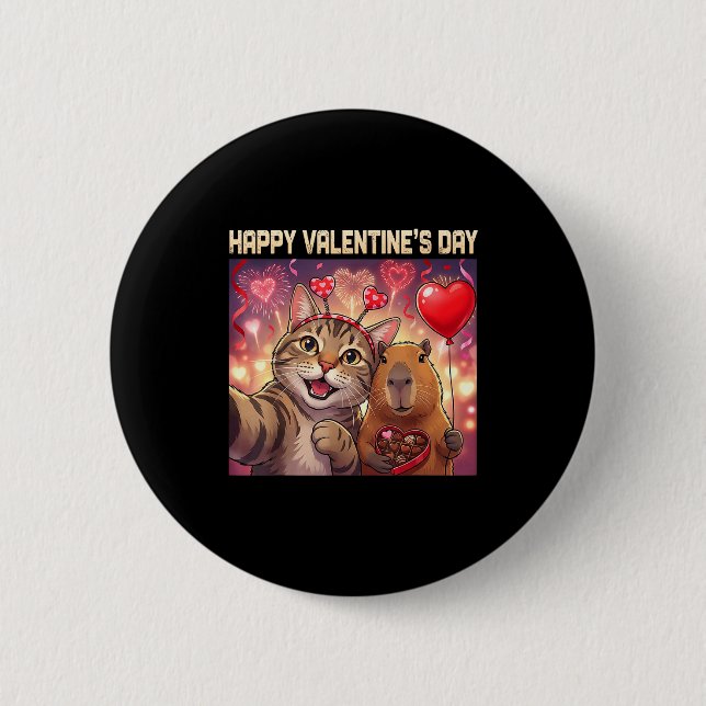 Chapa Redonda De 5 Cm Happy Valentines 2026 Cute Cat Capybara Party Art  (Anverso)
