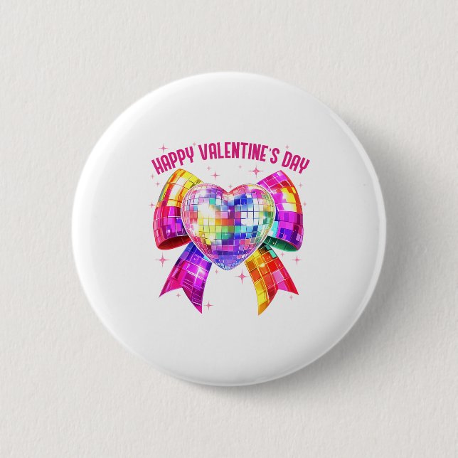 Chapa Redonda De 5 Cm Happy Valentine's Day Coquette Disco Ball Heart Gi (Anverso)